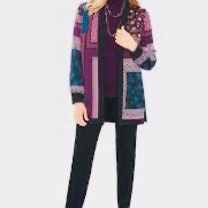 Chico’s Patchwork Satin Jacket Women’s Size 3 Open Front Side Slit Bohemian